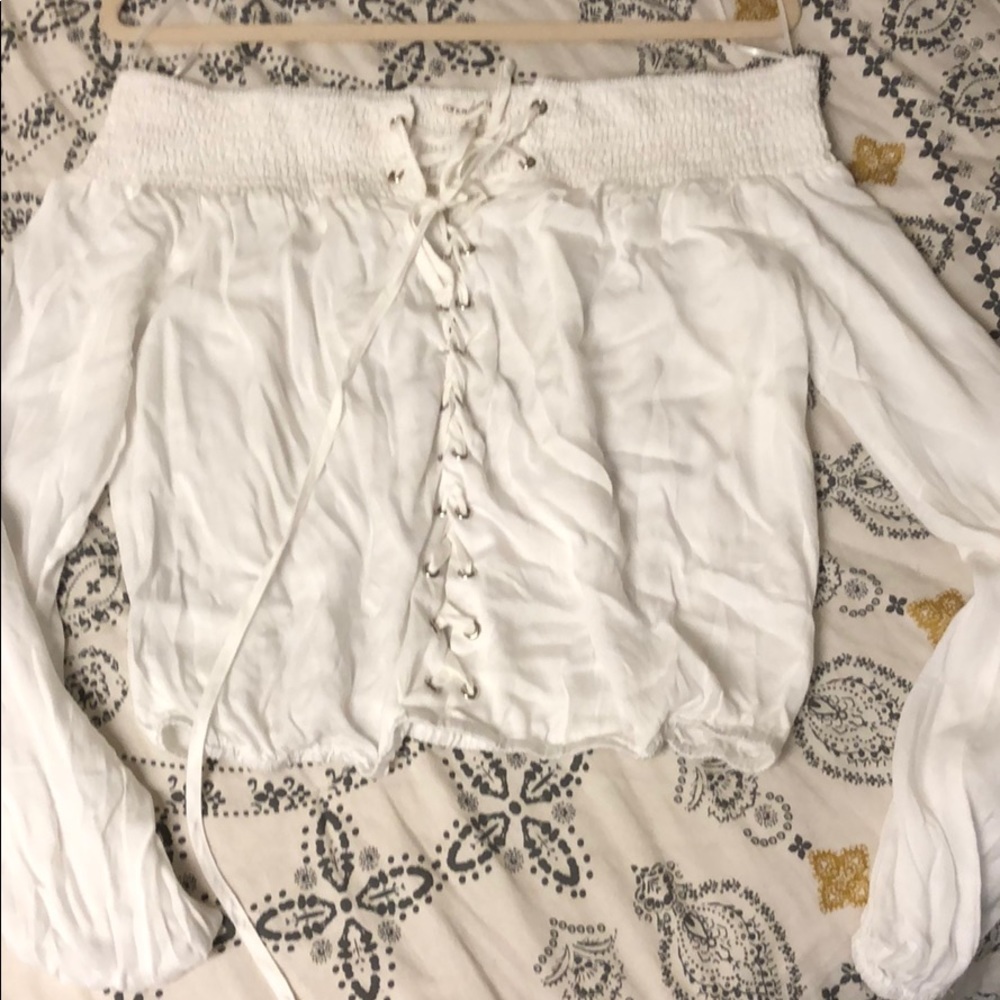 White off the shoulder lace up blouse